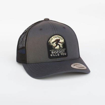 Go Outside Bigfoot Kills You Trucker Hat - Orange & Khaki