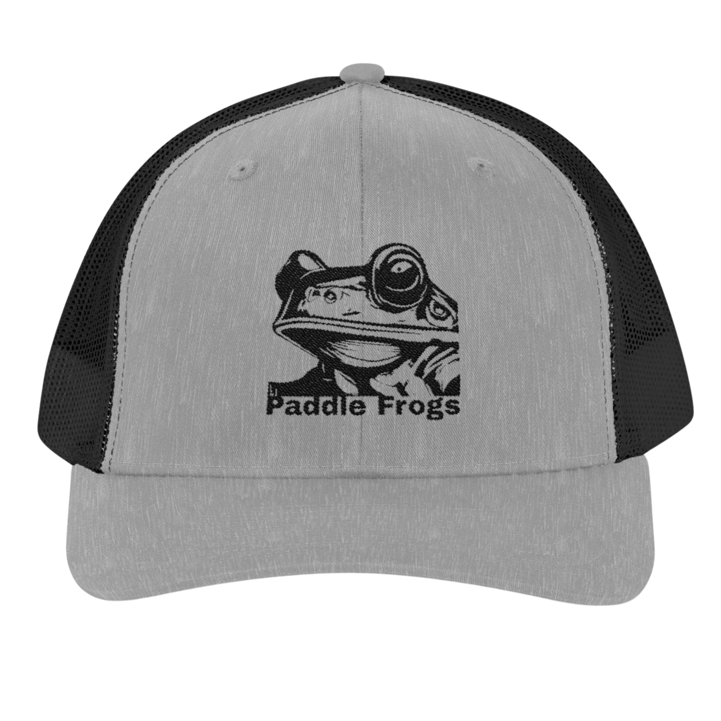 Gray and black cap with a frog graphic and 'Paddle Frogs' text on a white background