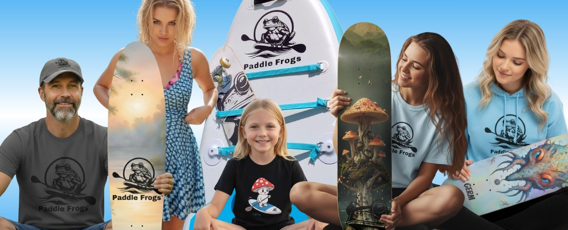 People wearing Paddle Frogs clothes, holding skateboard decks, longboards. also a paddleboard with Paddle Frog branding against a blue sky.