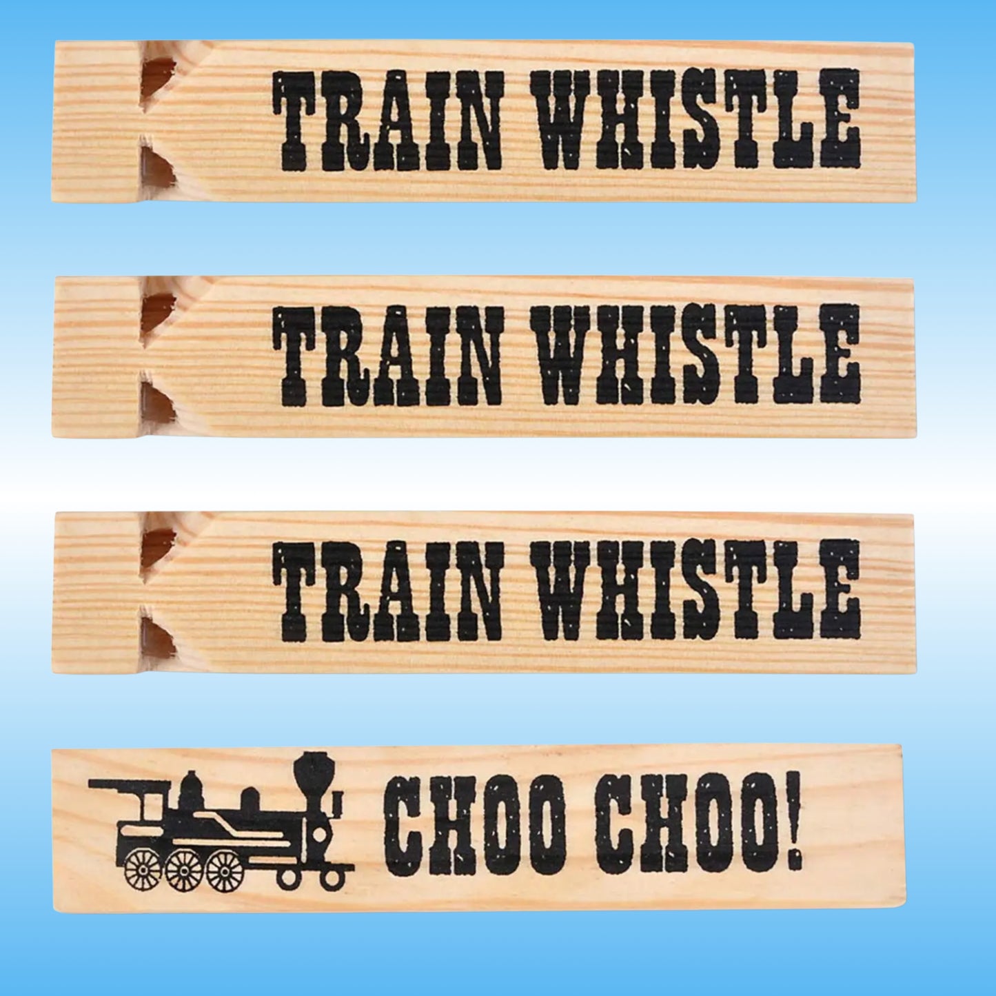 Paddle Frogs wooden toy train whistle, 4 arranged vertically on a light blue gradient background. 
