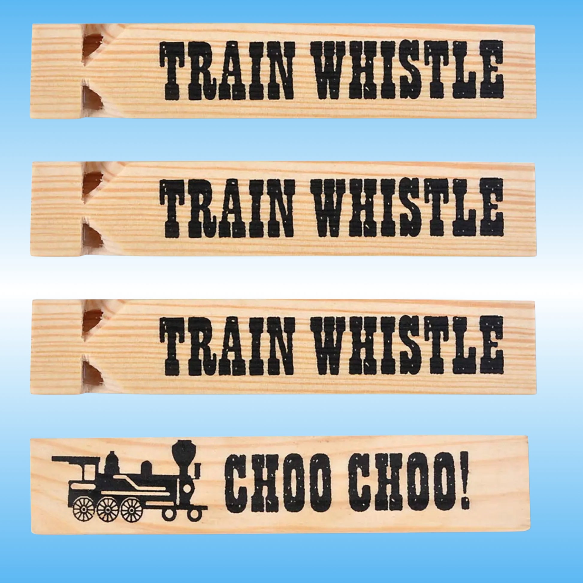 Paddle Frogs wooden toy train whistle, 4 arranged vertically on a light blue gradient background. 