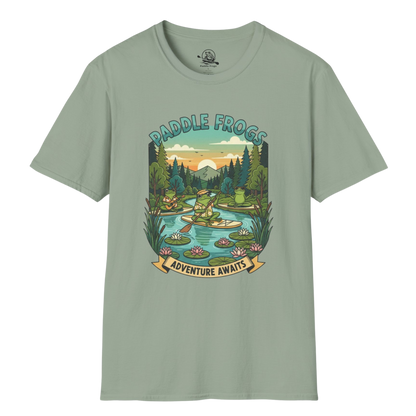 Sage Adventure Await Paddle Frogs paddle boarding tee on a transparent background