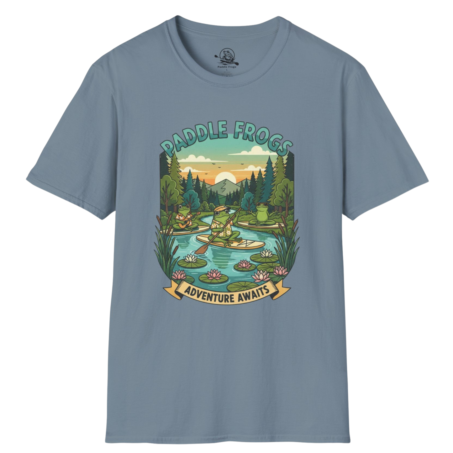 Stone Blue Adventure Await Paddle Frogs paddle boarding tee on a transparent background
