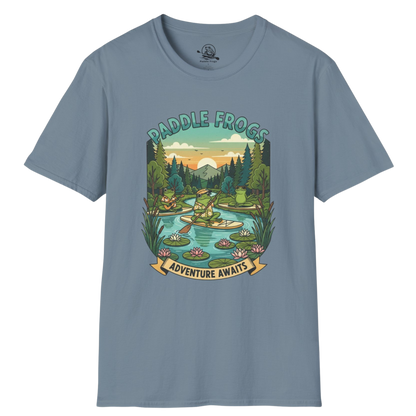 Stone Blue Adventure Await Paddle Frogs paddle boarding tee on a transparent background