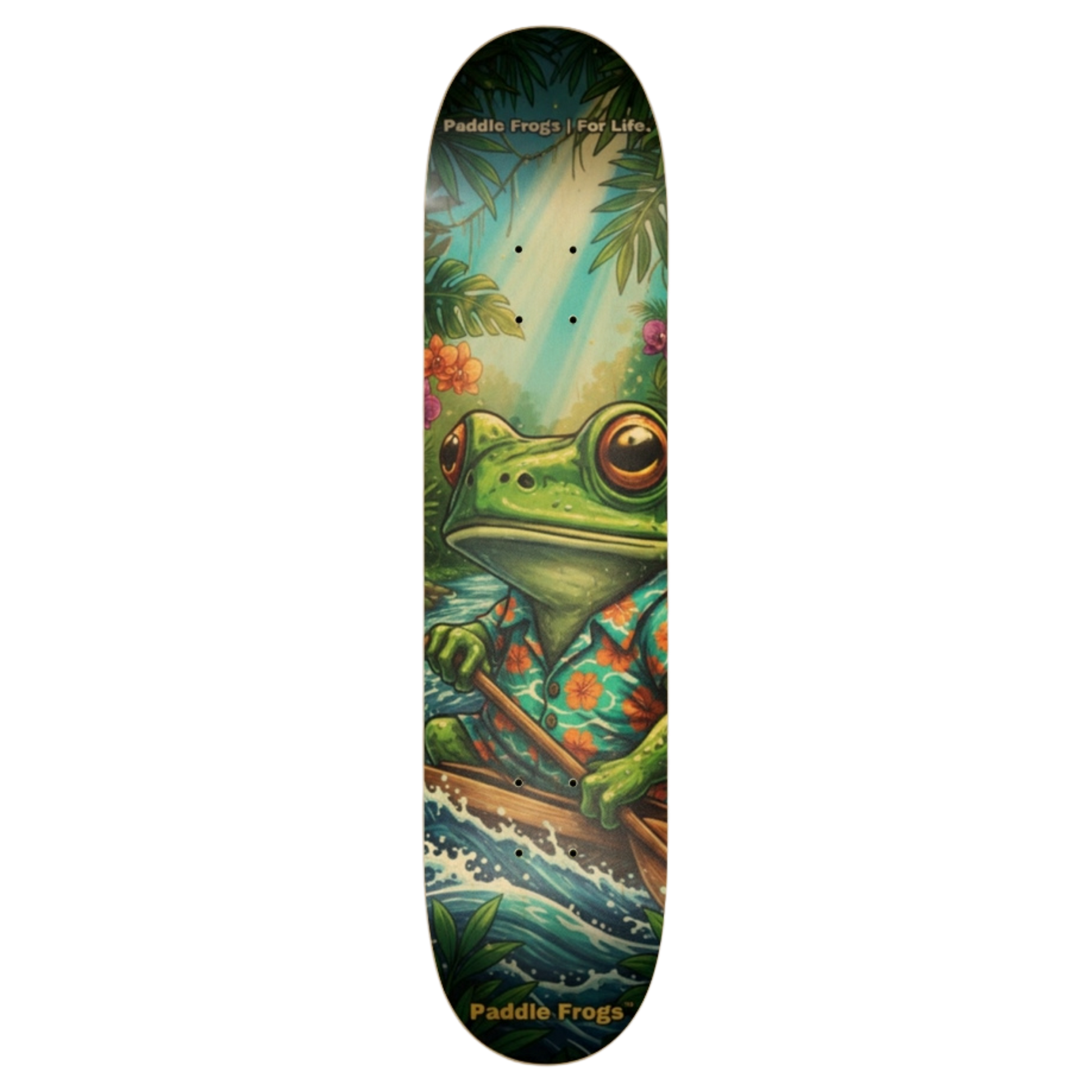 Adventure Hawaii 7.5 Skateboard deck by Paddle Frogs™ on a transparent background