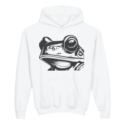 White hoodie with a black frog graphic on a white background