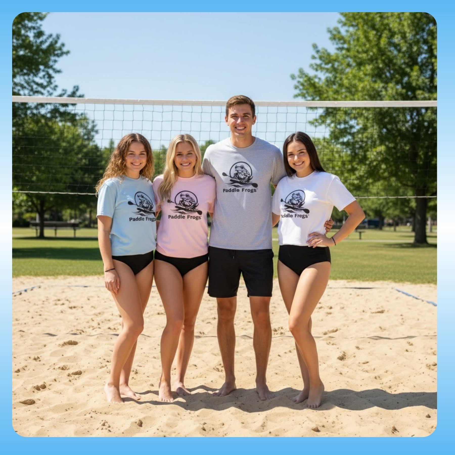 All four 4 colors | Classic Tagless Ultra Cotton | Paddle Frogs™ T-shirts Four people standing on a sandy volleyball court with trees in the background