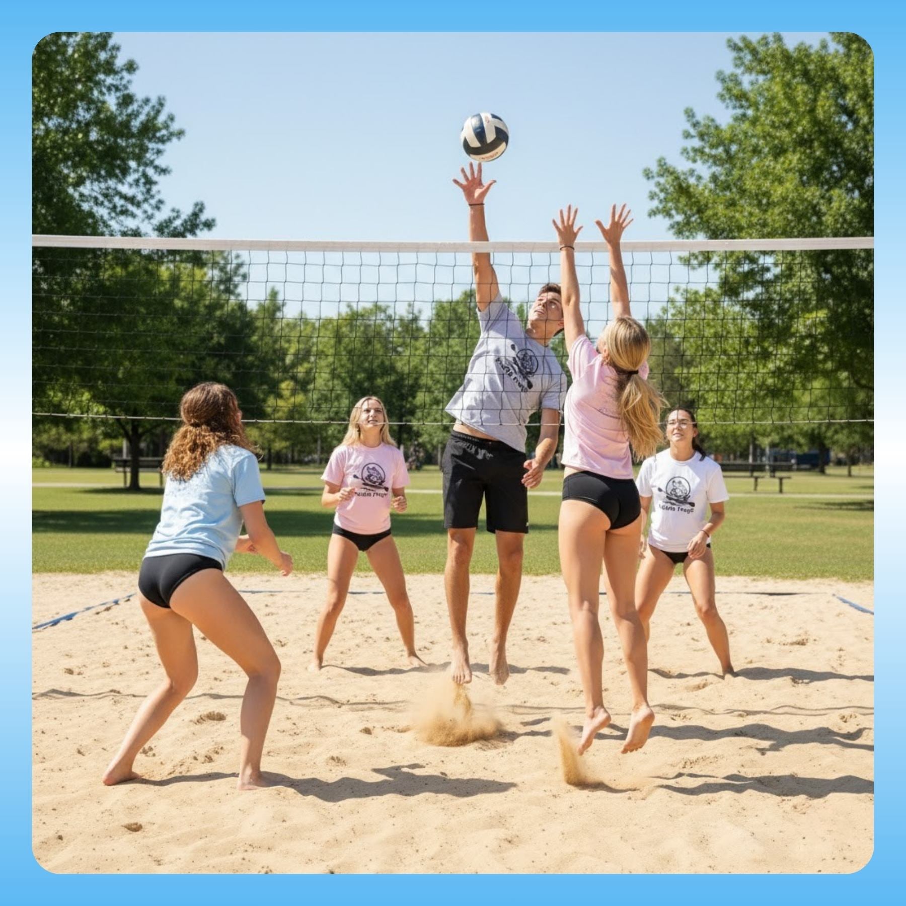 All four 4 colors volleyball | Classic Tagless Ultra Cotton | Paddle Frogs™ T-shirts - Group of people playing beach volleyball on a sunny day