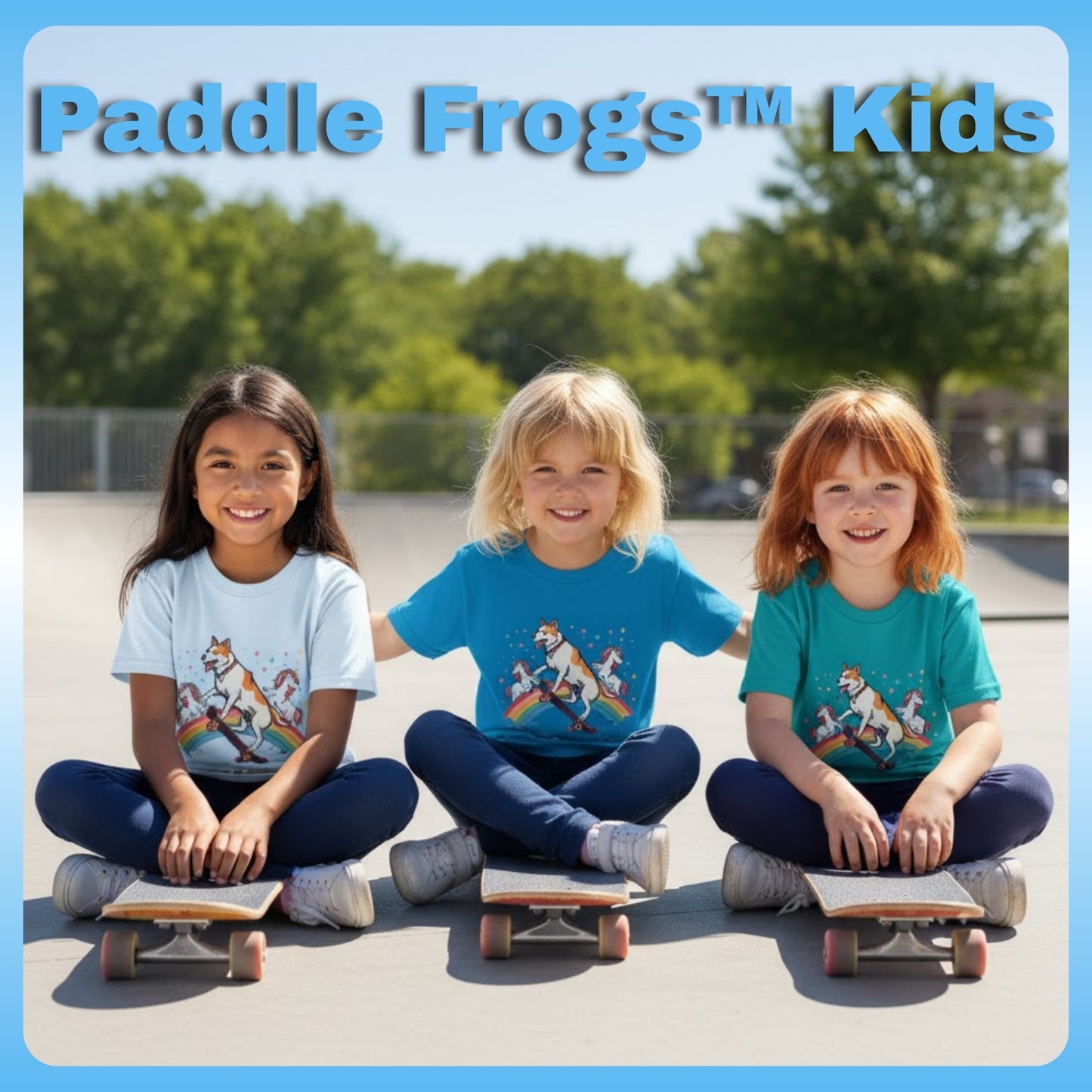 All three girls and colors The Dog Who Skated with Unicorns (A Kids' Dream Tee) Paddle Frogs Skate & Paddle collection