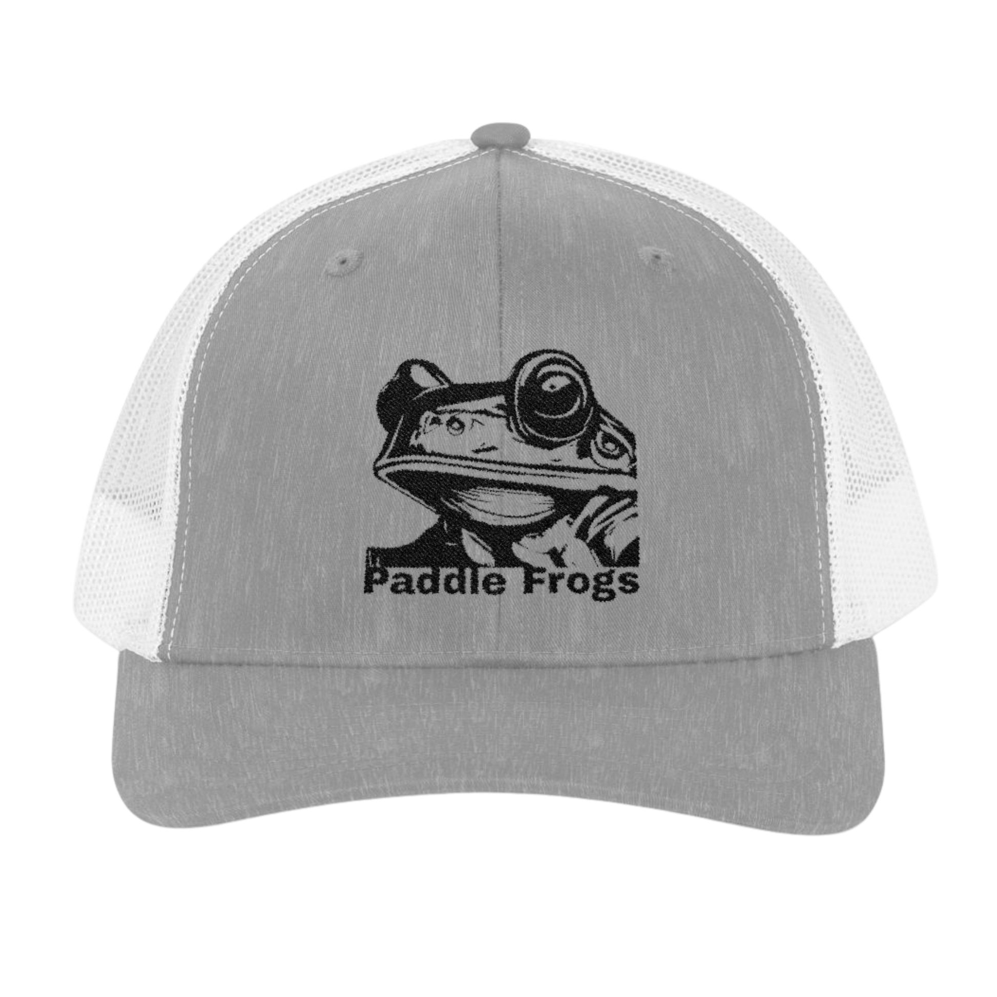 Amphibious Oath | Paddle Frogs Trucker Cap — Heather Grey & White on a transparent background