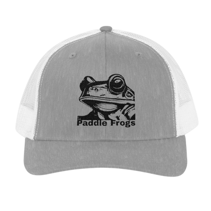 Amphibious Oath | Paddle Frogs Trucker Cap — Heather Grey & White on a transparent background