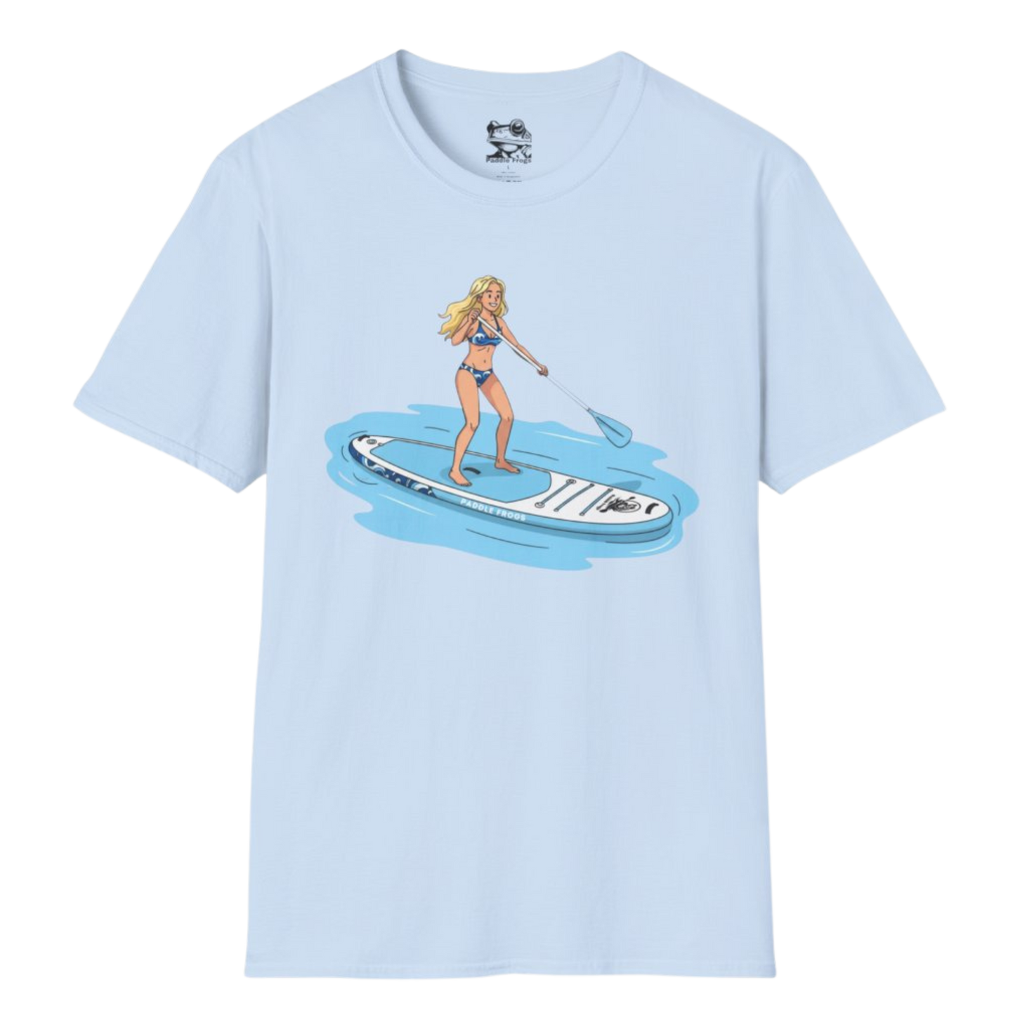 Aqua Babe Tee -Divine Escape paddleboard shirt Light Blue on a transparent background