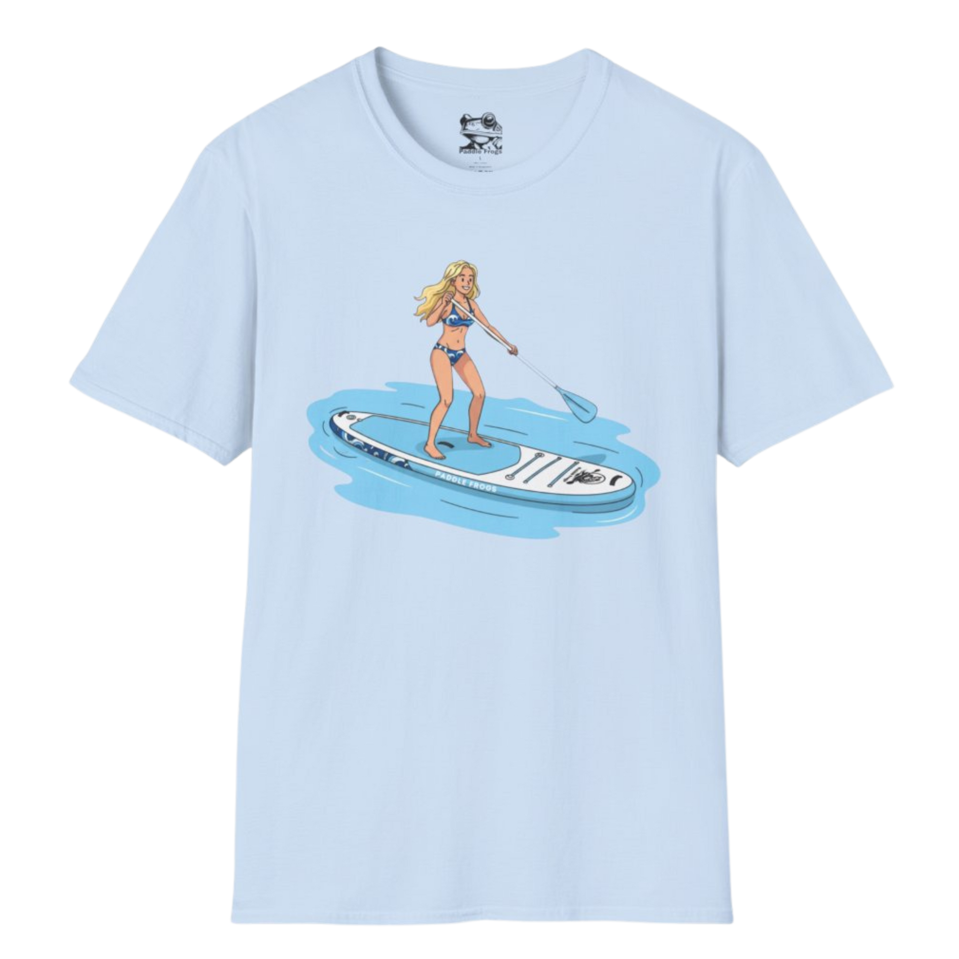 Aqua Babe Tee -Divine Escape paddleboard shirt Light Blue on a transparent background