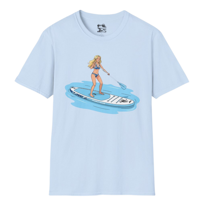 Aqua Babe Tee -Divine Escape paddleboard shirt Light Blue on a transparent background
