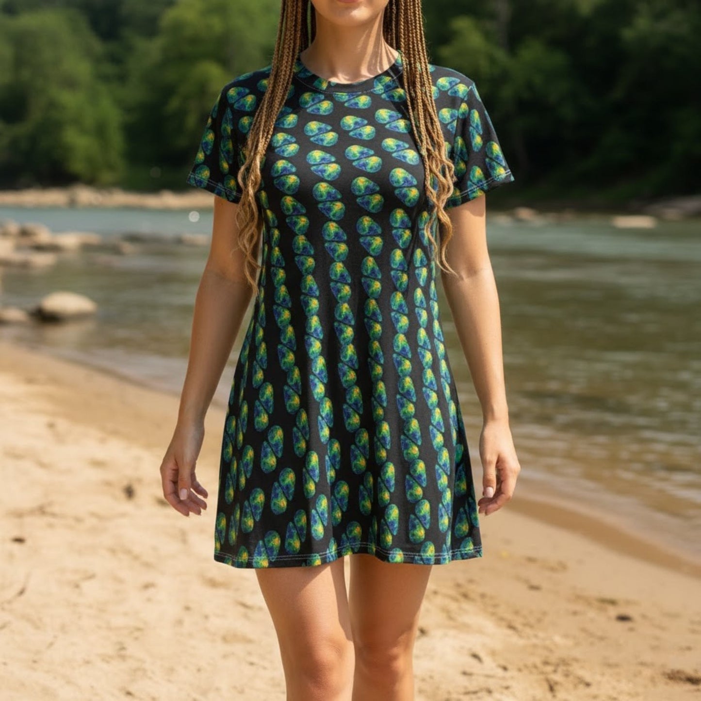 Aqua Swirl dress Frock by Paddle Frogs™ lady close up showing Frock details