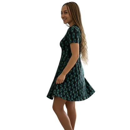 Aqua Swirl dress Frock by Paddle Frogs™ lady close up showing Frock details on a transparent background