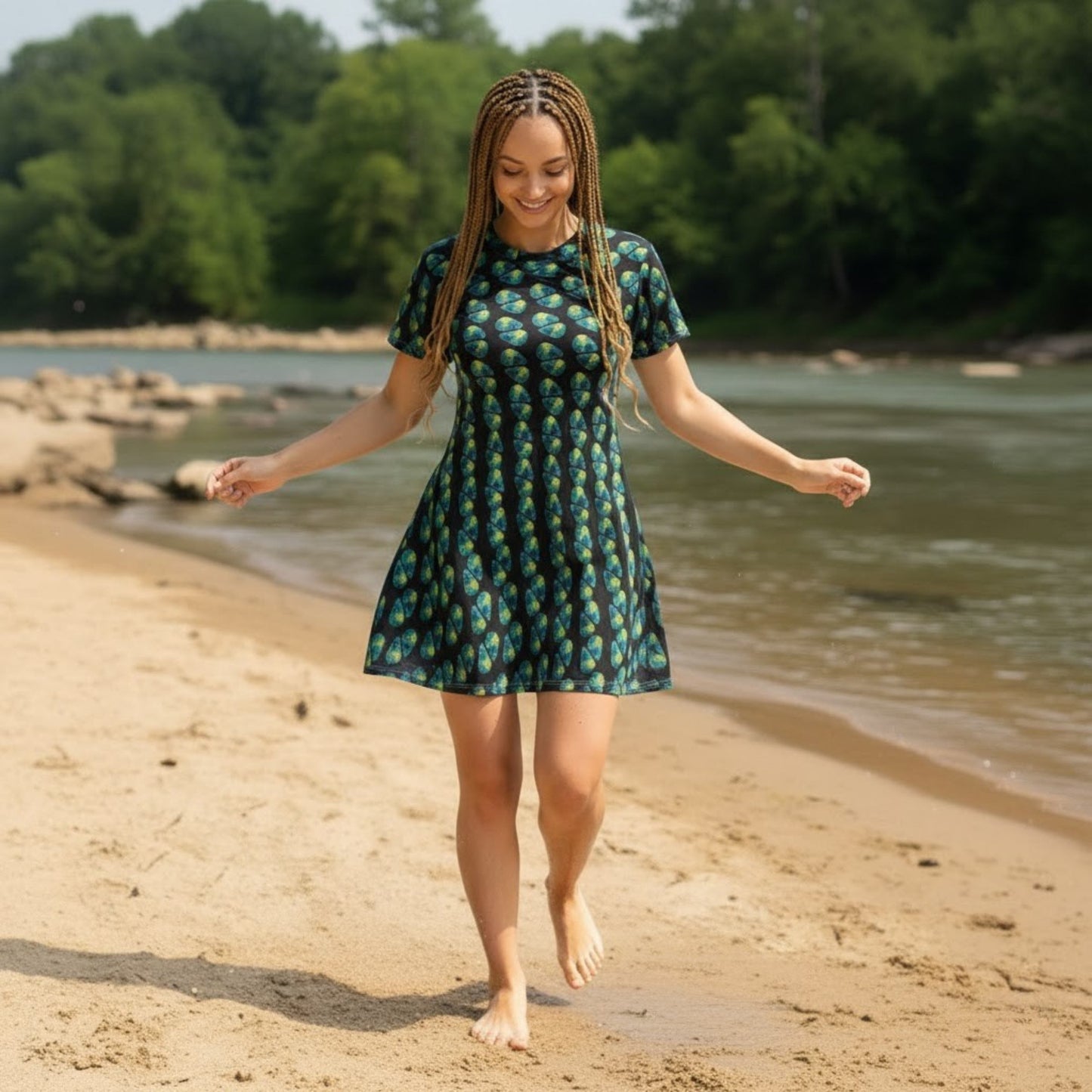 Aqua Swirl dress Frock by Paddle Frogs™ lady dancing in the sand