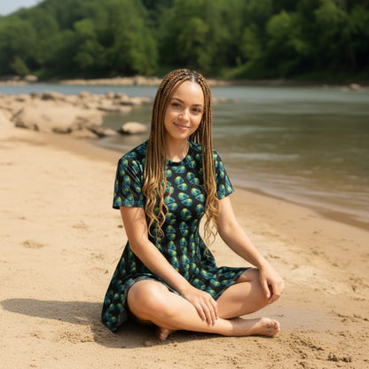 Aqua Swirl dress Frock by Paddle Frogs™ lady sitting crisscross applesauce at the river edge
