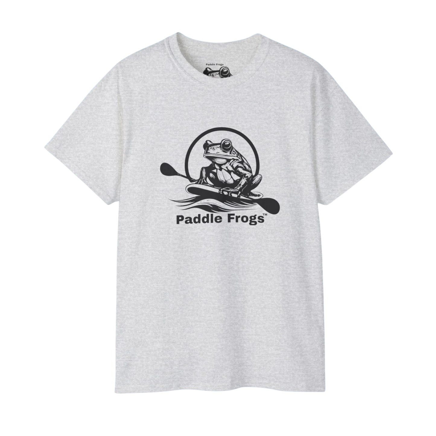 Gray t-shirt with a frog paddle design and 'Paddle Frogs' text on a white background