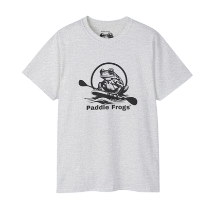 Gray t-shirt with a frog paddle design and 'Paddle Frogs' text on a white background