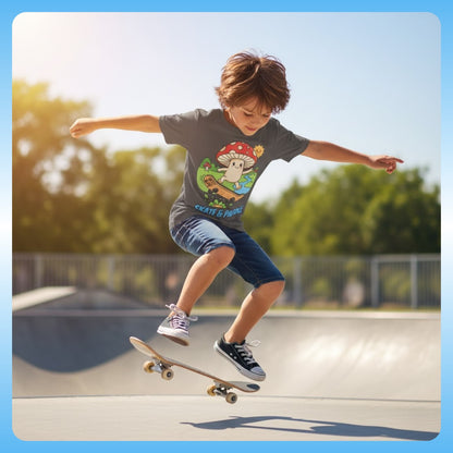 Asphalt - Gnarly Fungi Fun: The Skate-Shroom Adventure Tee! Child skateboarding at a park with trees and clear sky in the background