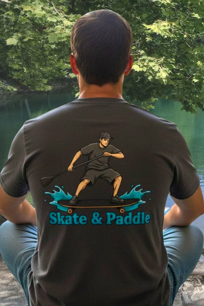 man wearing the Asphalt Meets Water Skate & Paddle tee by Paddle Frogs™ in charcoal grey
