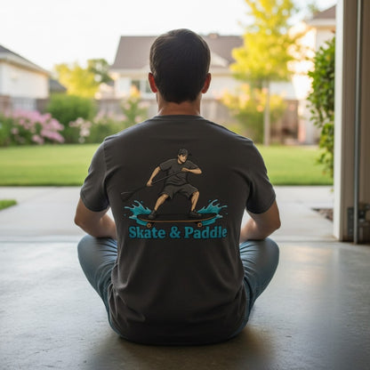 Asphalt Meets Water | Skate & Paddle Tee by Paddle Frogs™ Back, Charcoal Grey male crew member sits crisscross applesauce