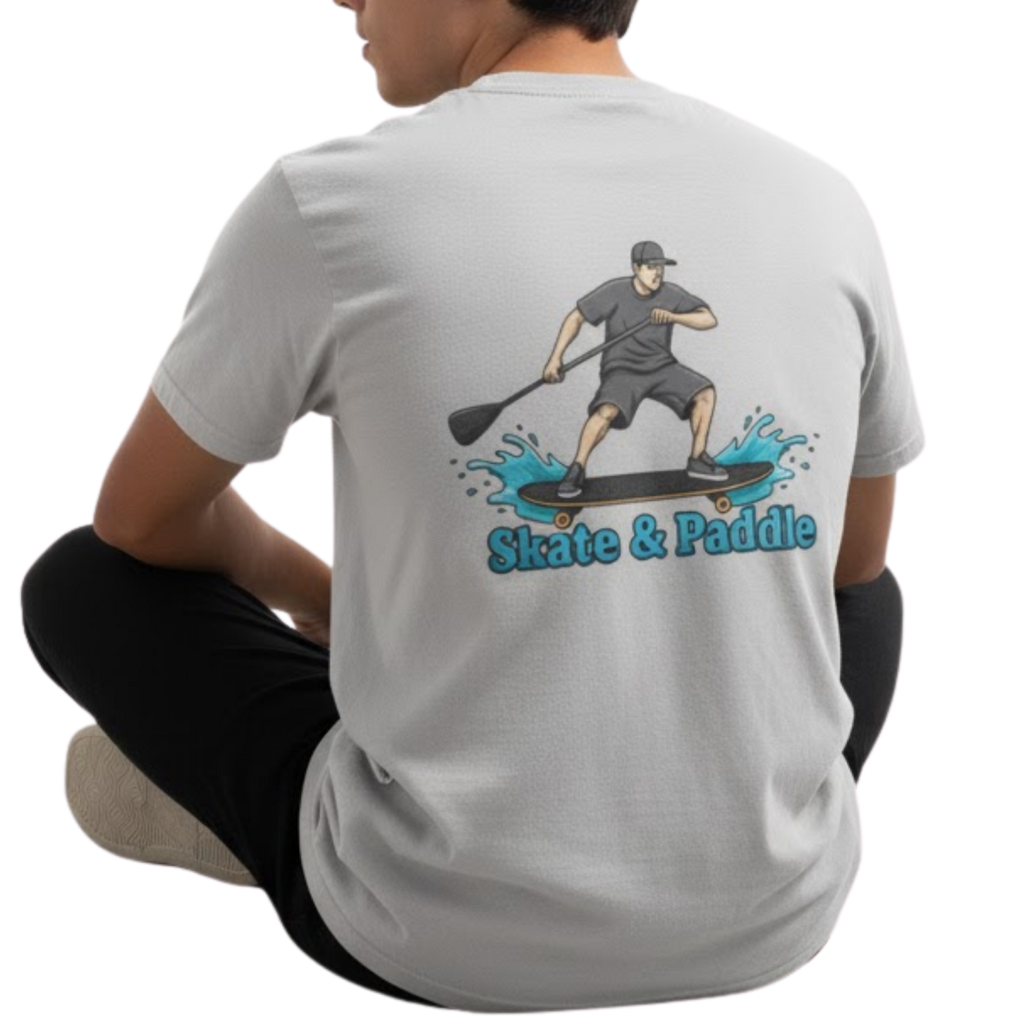 Asphalt Meets Water | Skate & Paddle Tee by Paddle Frogs™ Backside Ice Grey color man sitting crisscross applesauce on a transparent background