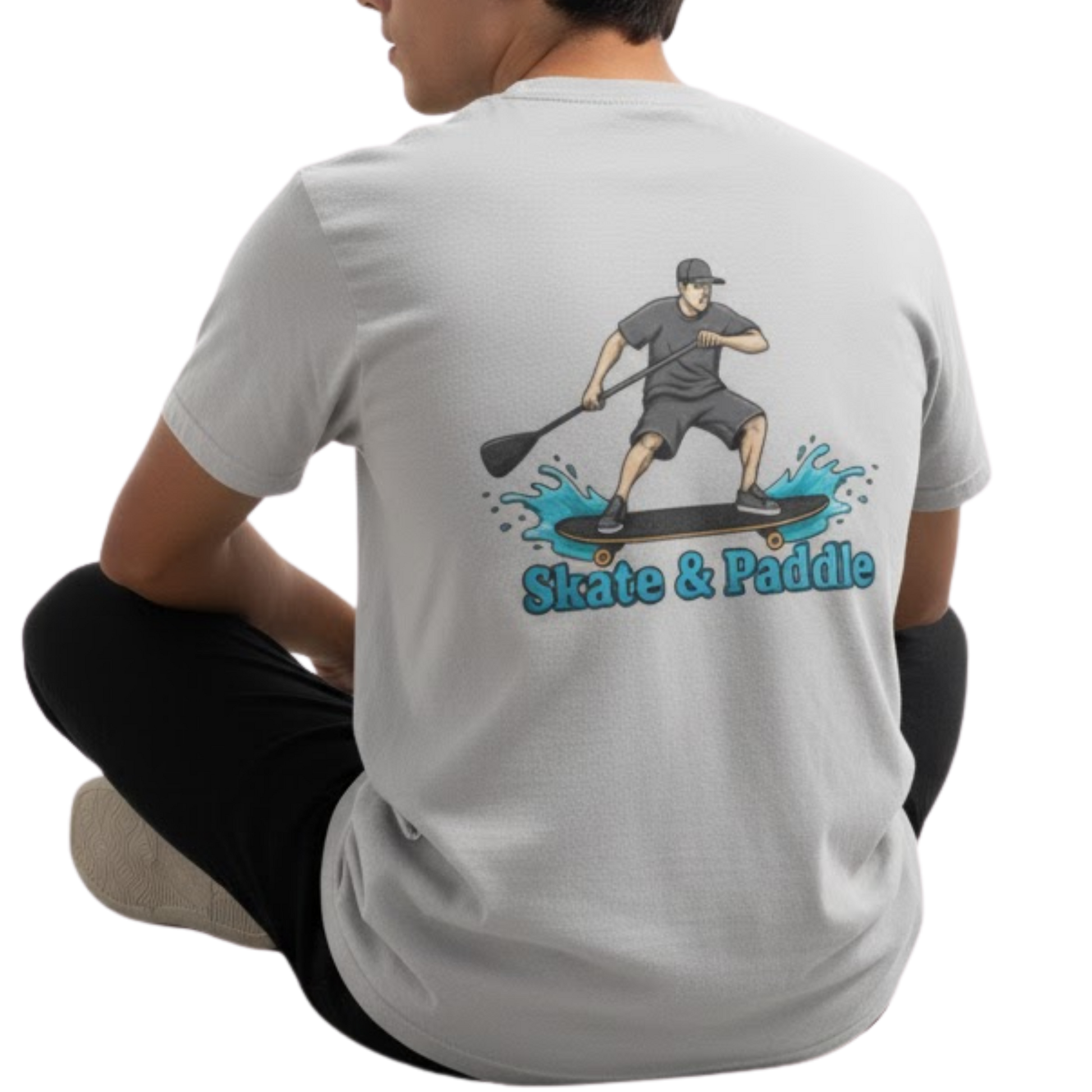 Asphalt Meets Water | Skate & Paddle Tee by Paddle Frogs™ Backside Ice Grey color man sitting crisscross applesauce on a transparent background