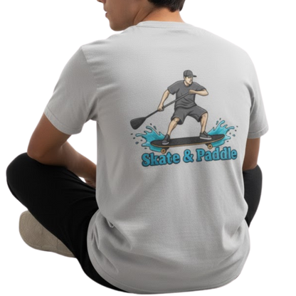 Asphalt Meets Water | Skate & Paddle Tee by Paddle Frogs™ Backside Ice Grey color man sitting crisscross applesauce on a transparent background