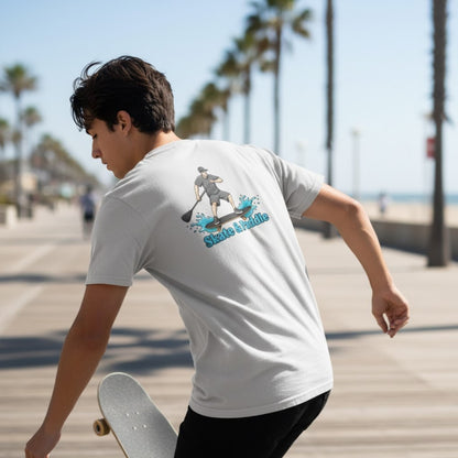 Asphalt Meets Water | Skate & Paddle Tee by Paddle Frogs™ Backside Ice Grey color man skateboarding at the beach