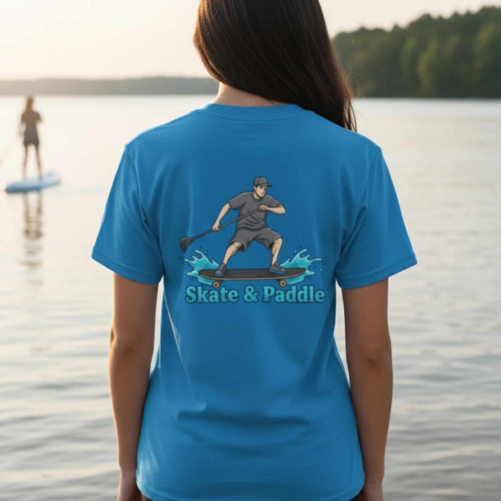 Asphalt Meets Water | Skate & Paddle Tee by Paddle Frogs™ Backside Sapphire blue at the lake paddleboarding