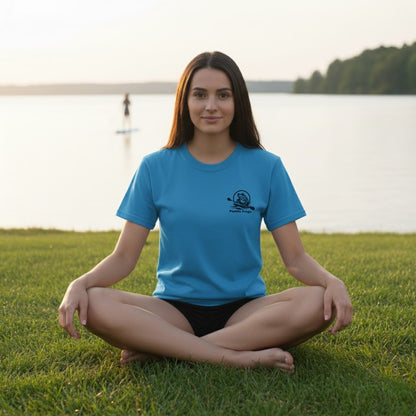 Asphalt Meets Water | Skate & Paddle Tee by Paddle Frogs™ Frontside Sapphire blue sitting crisscross applesauce at the lake