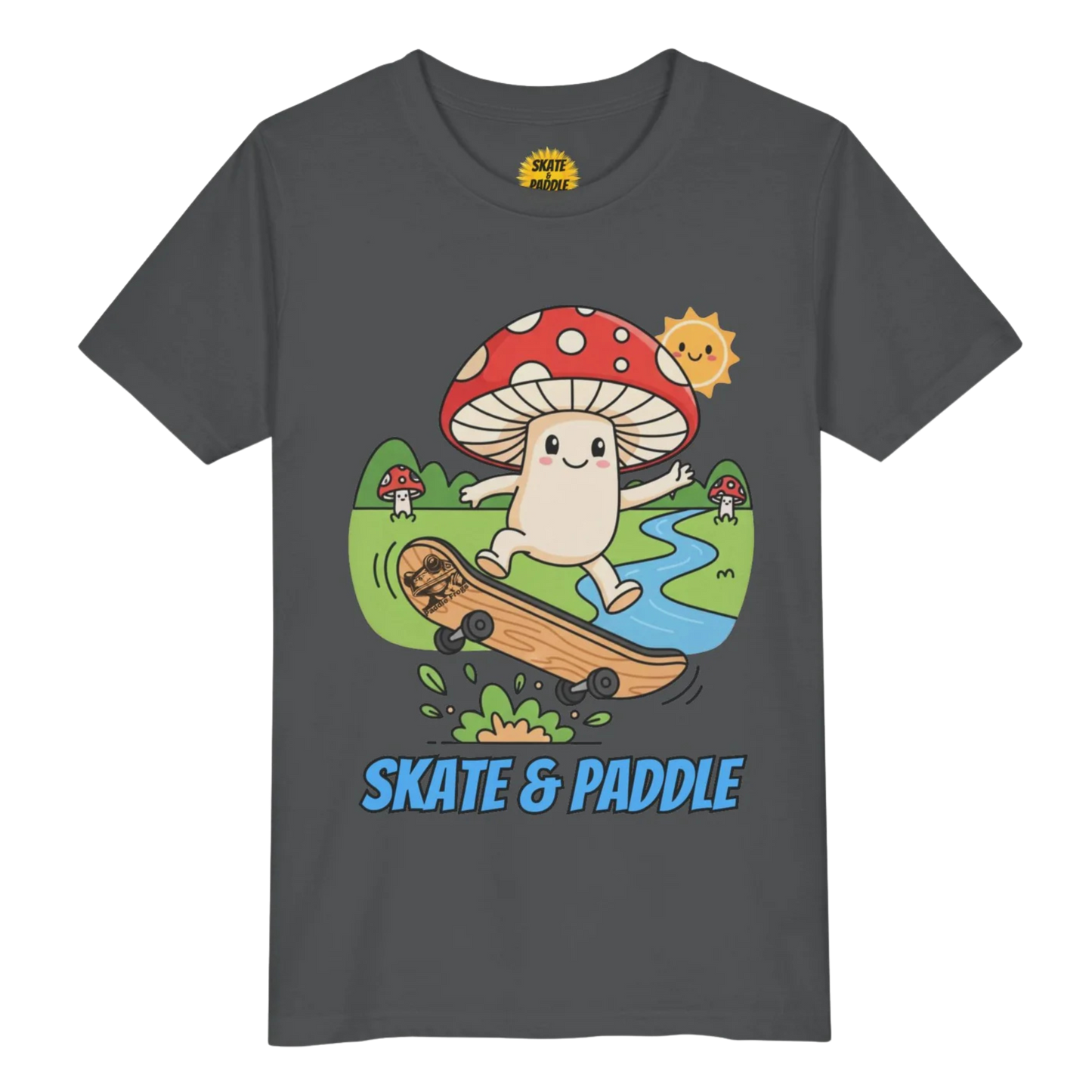 Asphalt Mushroom character skateboarding jumping a bush Paddle Frogs Kids - Skate & Paddle Tee