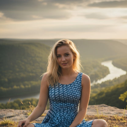 Woman in a blue dress sitting crisscross applesauce on a cliff overlooking a river and mountains.
