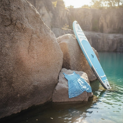 At the rock quarry Blue Diamond Skater Dress | Sexy Swim Cover-Up | Longboard | Paddle Frogs™ waiting with the Divine Escape paddleboard 