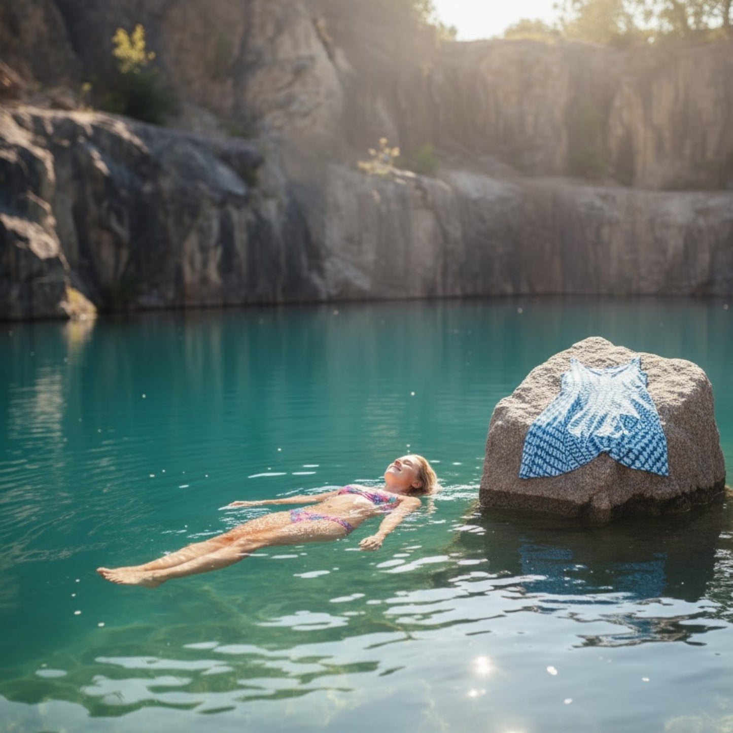 At the rock quarry swimming and the Blue Diamond Skater Dress | Sexy Swim Cover-Up | Longboard | Paddle Frogs™ drying in the sun 