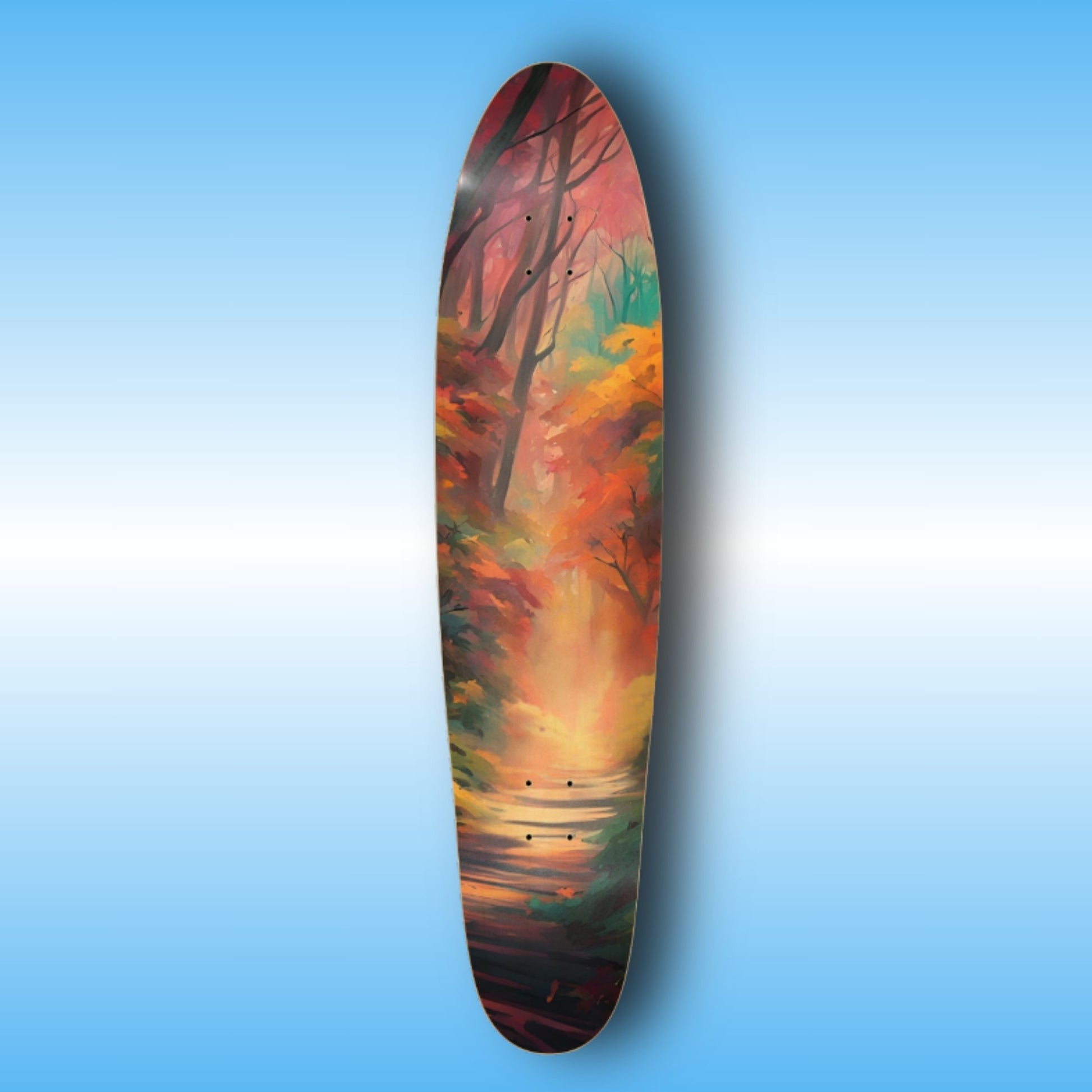 Autumn Trail - Paddle Frogs - Longboard - skateboard | Skateboard deck with a colorful nature scene design on a blue gradient background