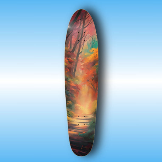 Autumn Trail - Paddle Frogs - Longboard - skateboard | Skateboard deck with a colorful nature scene design on a blue gradient background