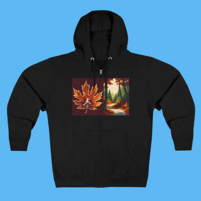 Autumn Trail Black hoodie with Zipper and Pockets. Cozy hood and a maple leaf with an ice skater and fall season forest design on a path to Autumn's Trail in the Paddle Frogs crew story.