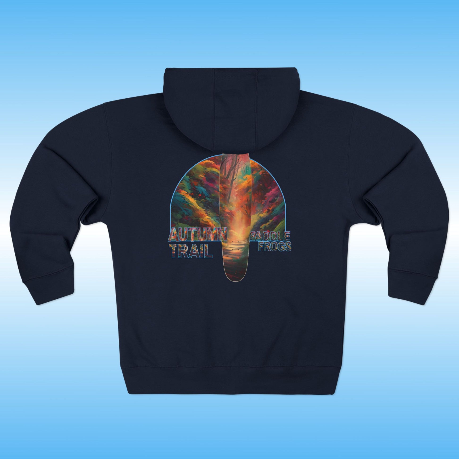 Autumn Trail Black hoodie with a colorful fall graphic on the back against a blue gradient background