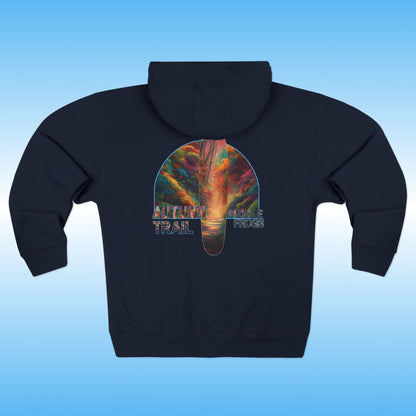 Autumn Trail Black hoodie with a colorful fall graphic on the back against a blue gradient background