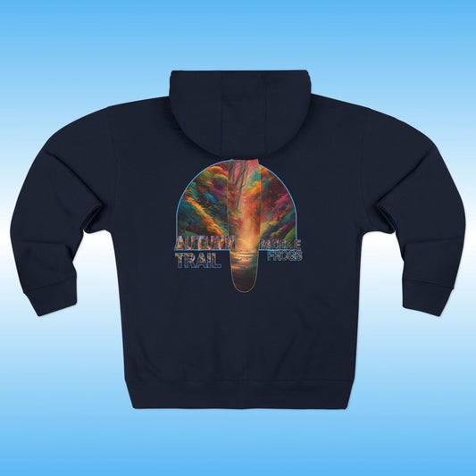 Autumn Trail Black hoodie with a colorful fall graphic on the back against a blue gradient background