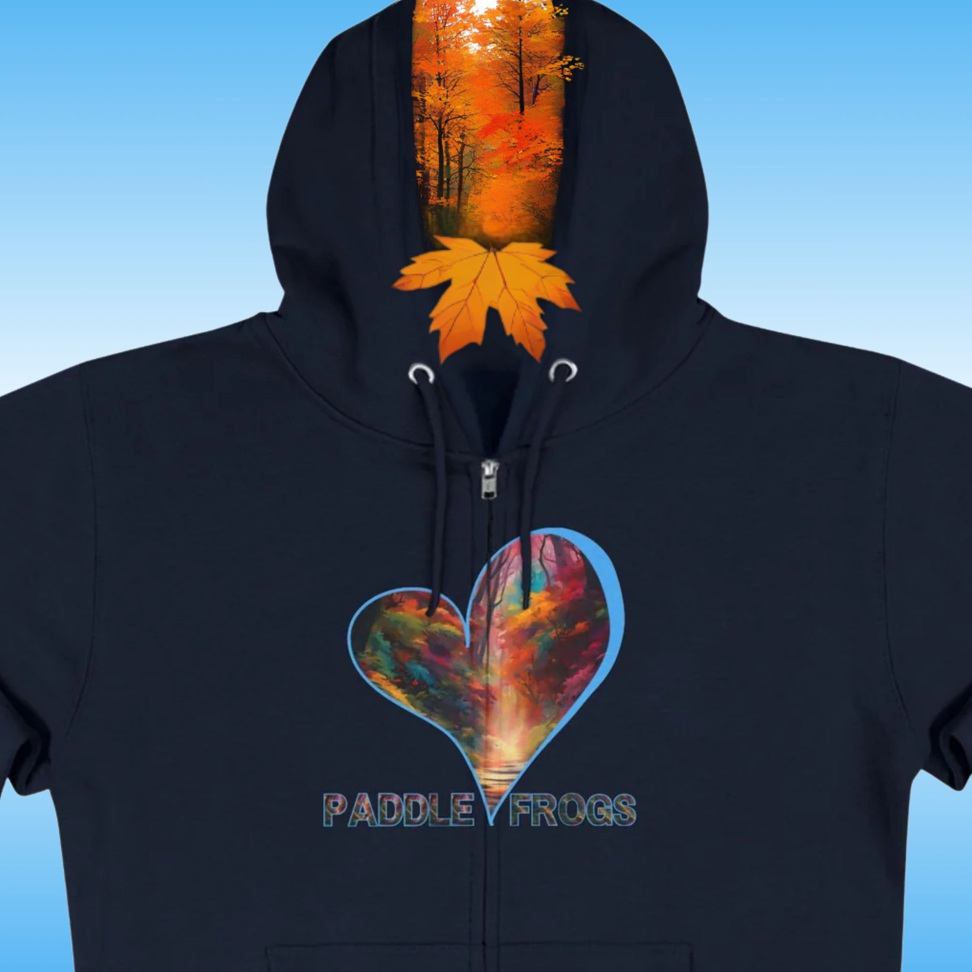 Autumn Trail | Full Zip Hoodie | Navy Blue Hooded jacket | Paddle Frogs | Heart | beautiful blue and fall colors | Leaves fly out from the excitement of reality | Navy Dark Blue hoodie with a colorful heart design and 'Paddle Frogs' text on a blue background