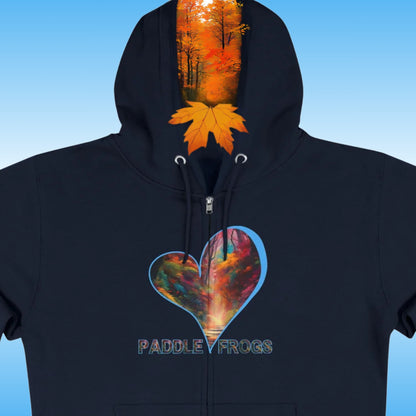 Autumn Trail | Full Zip Hoodie | Navy Blue Hooded jacket | Paddle Frogs | Heart | beautiful blue and fall colors | Leaves fly out from the excitement of reality | Navy Dark Blue hoodie with a colorful heart design and 'Paddle Frogs' text on a blue background
