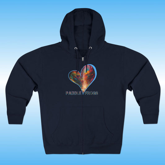 Autumn Trail | Full Zipper hooded jacket | Black hoodie with a colorful heart design and 'Paddle Frogs' text on a blue background