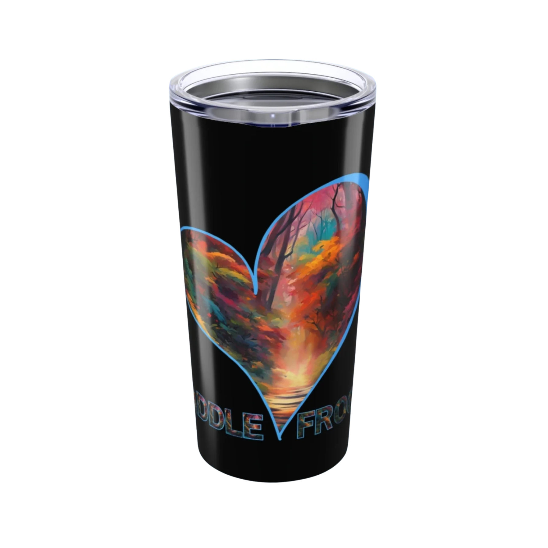 Autumn Trail Black tumbler with a colorful heart design and colorful fall text on a white background
