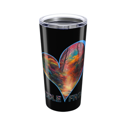 Autumn Trail Black tumbler with a colorful heart design and colorful fall text on a white background