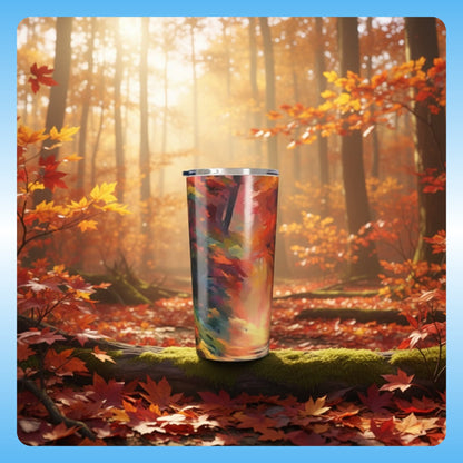 Autumn Trail full wrap colorful fall season | Paddle Frogs™ 22oz Tumbler with autumn leaf design in a forest setting