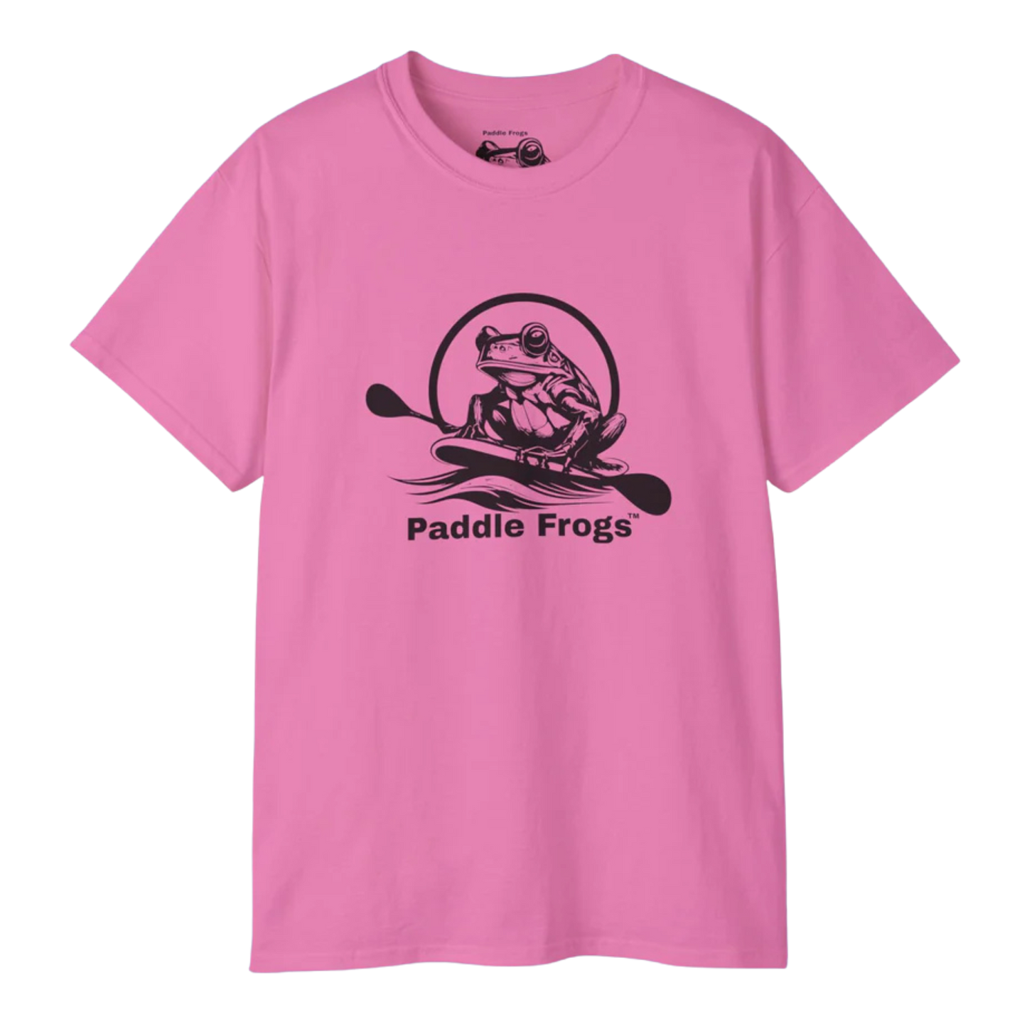 Azalea Pink t-shirt with 'Paddle Frogs' logo on a white background